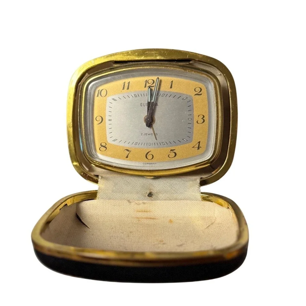 Europa Vtg Travel Alarm Clock 2 Jewels Manual Wind Germany Black‎ Gold Case
